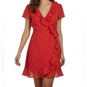NWT BARDOT Red Polka Dot Short Sleeve Open Back Ruffle Detail Wrap Desk Size 6